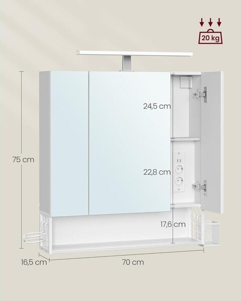 Skříňka do koupelny - Nástěnná skříňka - Zrcadlová skříňka - Úložná skříňka - Nábytek do koupelny - Barva: bílá - 3 dveře