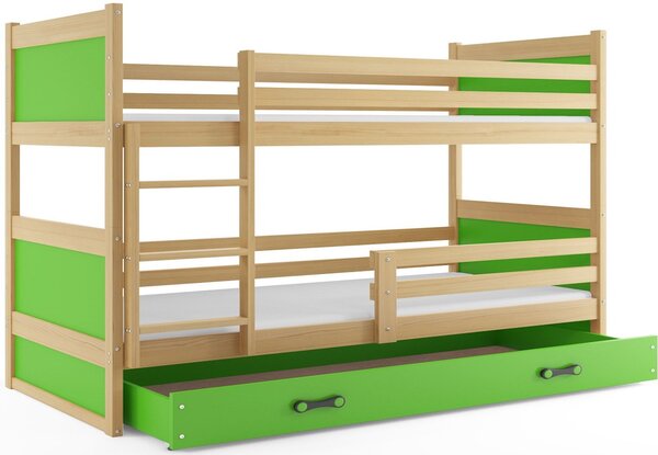 Patrová postel FIONA 2 COLOR + úložný prostor + matrace + rošt ZDARMA, 90x200 cm, borovice, zelená