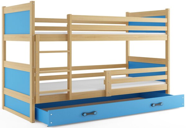 Patrová postel FIONA 2 COLOR + úložný prostor + matrace + rošt ZDARMA, 80x190 cm, borovice, blankytná