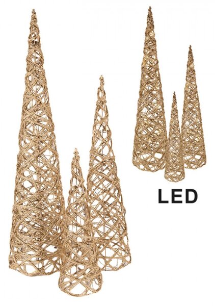Sada 3 zlatých kovových vánočních stromků s LED světlem – 20x80/16x60/13x40 cm