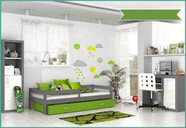 Dětská postel HUGO P1 COLOR s barevnou zásuvkou + matrace, 80x160, šedý/zelený