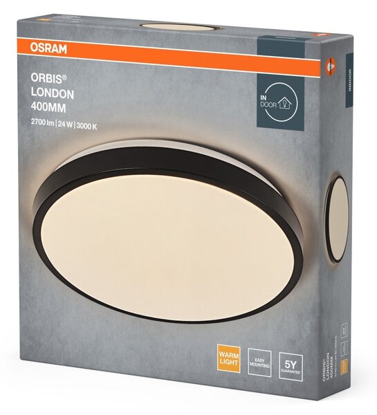 Černé LED stropní svítidlo 24 W LONDON 400 mm, teplá bílá OSRAM