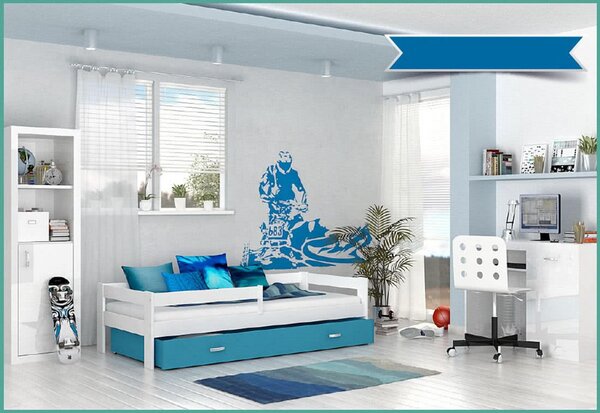 Dětská postel HUGO P1 COLOR s barevnou zásuvkou + matrace, 80x160, bílý/bílý
