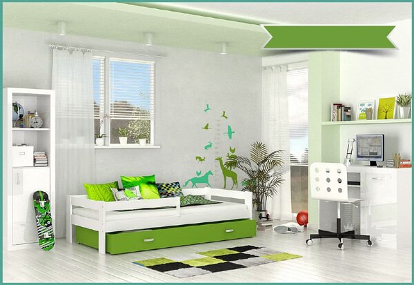 Dětská postel HARRY P1 COLOR s barevnou zásuvkou + matrace, 80x160, bílý/zelený
