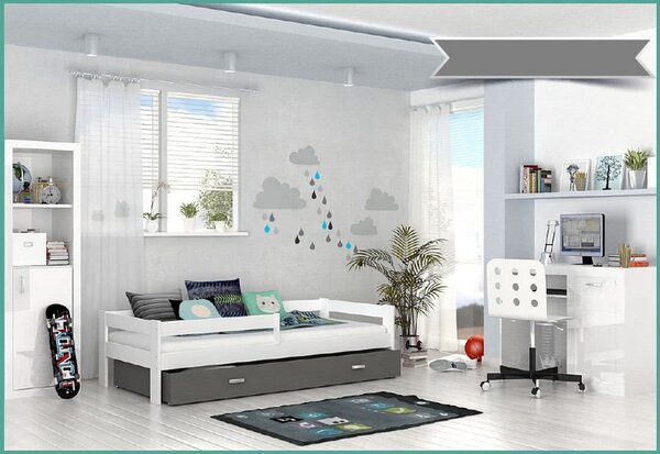 Dětská postel HUGO P1 COLOR s barevnou zásuvkou + matrace, 80x160, bílý/šedý
