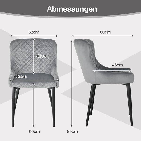 Sada dvou jídelních židlí s velurovým potahem, černými kovovými nohami a ergonomickým designem