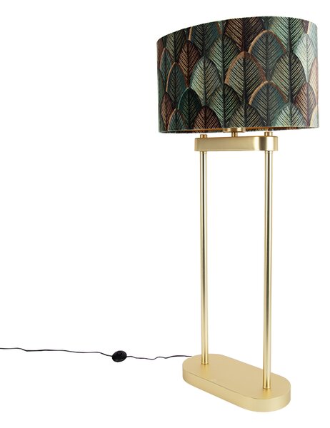 Mosazná stojací lampa s oválným stínidlem s motivem listů a zlatým interiérem 35 cm - Thijmen