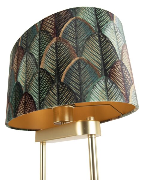 Mosazná stojací lampa s oválným stínidlem s motivem listů a zlatým interiérem 35 cm - Thijmen