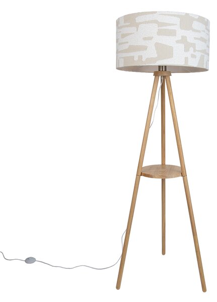 Dřevěná trojnožka stojací lampa s bílým a béžovým pruhovaným stínidlem 50cm - Lou