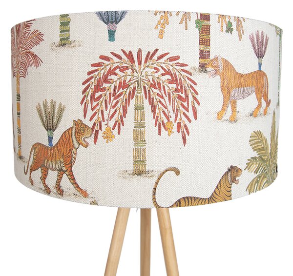 Dřevěná stojací lampa na trojnožce s vícebarevným stínidlem se zvířecím potiskem 50 cm - Lou