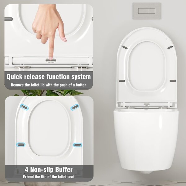 Závěsné WC bez splachovacího okraje, včetně bílé, D-tvarované toaletní míse s pomalým zavíráním, délka 51 cm