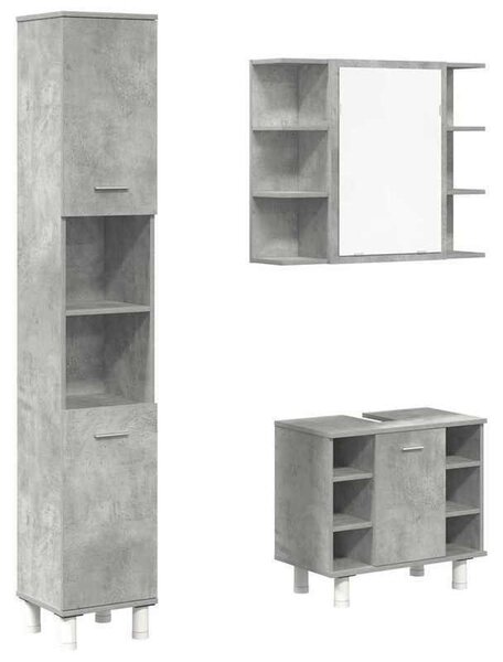 Sada koupelnového nábytku - Skříňka pod umyvadlo - Koupelnová skříň - Zrcadlová skříň - Imitace betonové šedé barvy - Odolný materiál