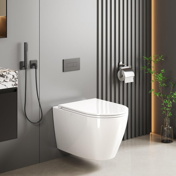 Záchodová mísa – závěsná – nástěnná toaleta – WC mísa – toaletní sada – bezokrajový design – sedátko s pomalým dovíráním, ve tvaru D
