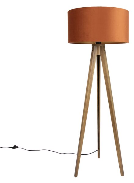 Dřevěná stojací lampa s oranžovým stínidlem a zlatým vnitřkem 50 cm - Tripod Classic