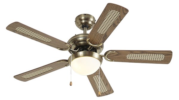 Stropní ventilátor mosazný s potiskem dřeva a ratanem 105 cm s tahovým spínačem - Mistral Majas