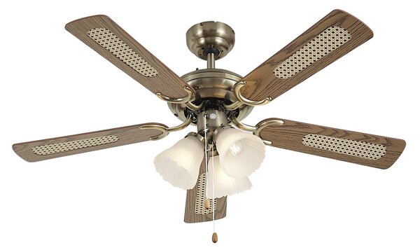 Mosazný stropní ventilátor s dřevěným potiskem a ratanem 105 cm s tahovým spínačem - Mistral Lia