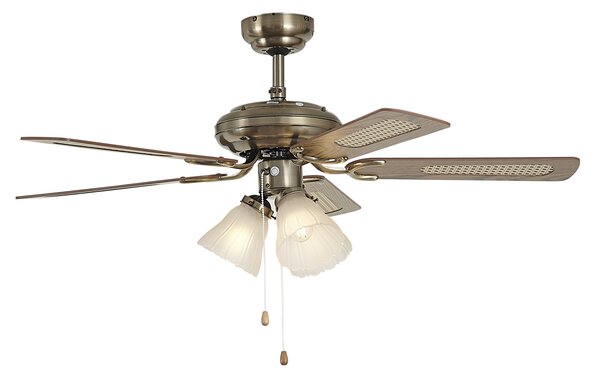 Mosazný stropní ventilátor s dřevěným potiskem a ratanem 105 cm s tahovým spínačem - Mistral Lia