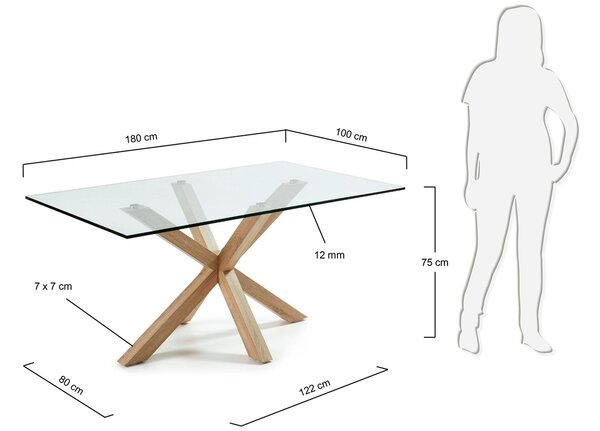 Skleněný jídelní stůl Kave Home Argo 180 x 100 cm s přírodní kovovou podnoží