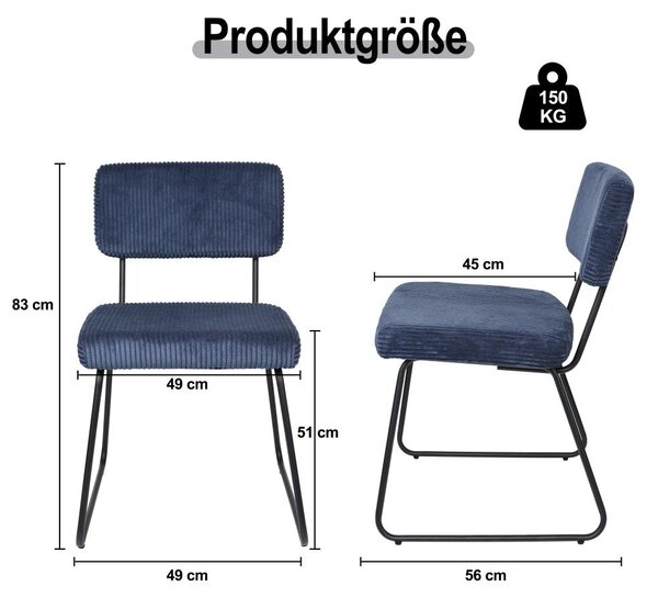 Jídelní židle - Židle - Sedací křeslo - Kuchyňská židle - Sada 2 kusů - Moderní, tmavě modrá barva - Kovový rám