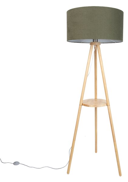 Dřevěná stojací lampa s trojnožkou a zeleným stínidlem 50 cm - Lou