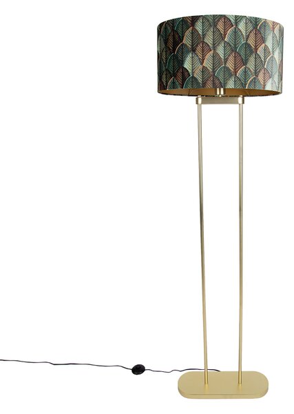 Mosazná stojací lampa s oválným stínidlem s motivem listů a zlatým interiérem 50 cm - Thijmen