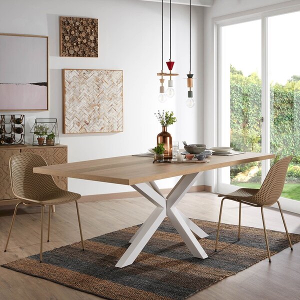 Dubový jídelní stůl Kave Home Argo 200 x 100 cm s bílou kovovou podnoží