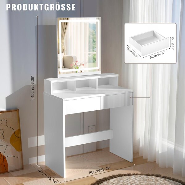 Kaptafel – Toaletní stolek – Stolek na líčení – Zrcadlo s osvětlením – Stolek na make-up – Kompaktní provedení – Nastavitelné LED osvětlení