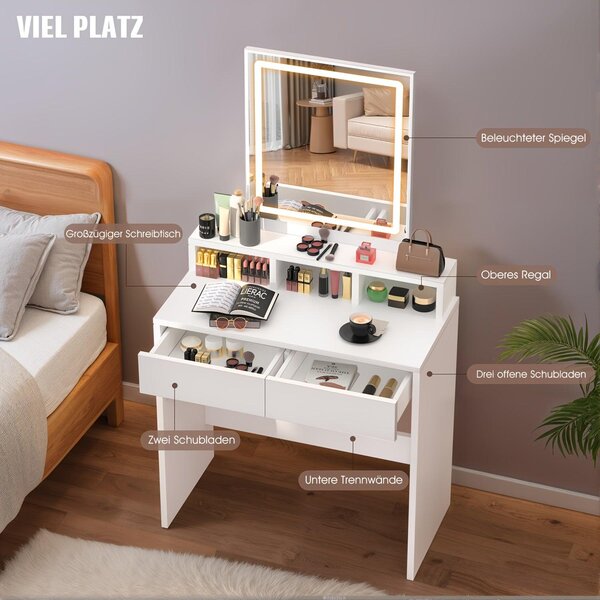 Kaptafel – Toaletní stolek – Stolek na líčení – Zrcadlo s osvětlením – Stolek na make-up – Kompaktní provedení – Nastavitelné LED osvětlení