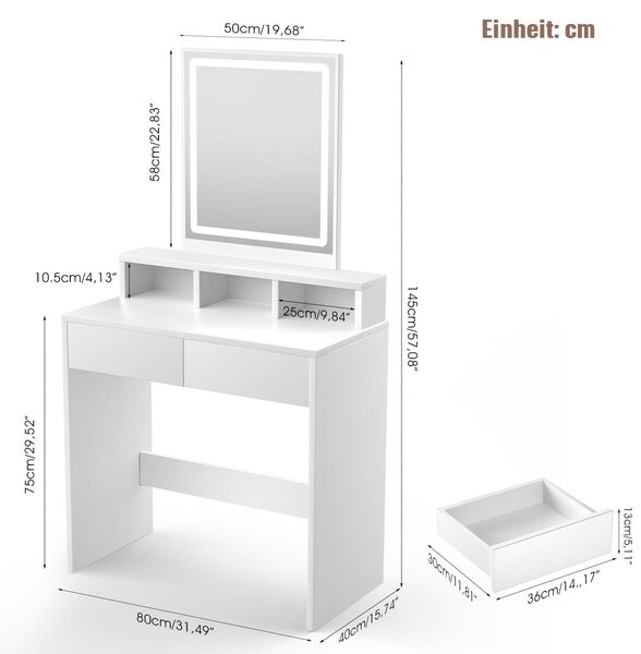 Kaptafel – Toaletní stolek – Stolek na líčení – Zrcadlo s osvětlením – Stolek na make-up – Kompaktní provedení – Nastavitelné LED osvětlení