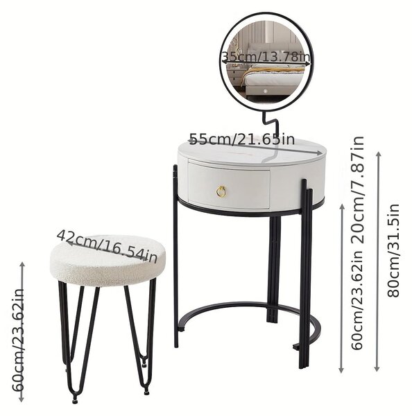 Kosmetický stolek - Toaletní stolek - Stolek na líčení - Kosmetické psací stůl - Kosmetický nábytek - Bílá barva - Kulatý design
