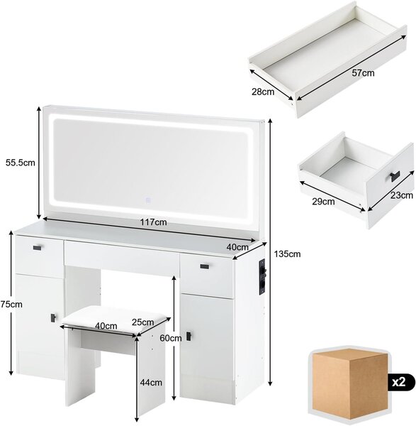 Kosmetický stolek – Toaletní stolek – Stolek na líčení – Komoda – Stolek s osvětlením – S 12 LED světly