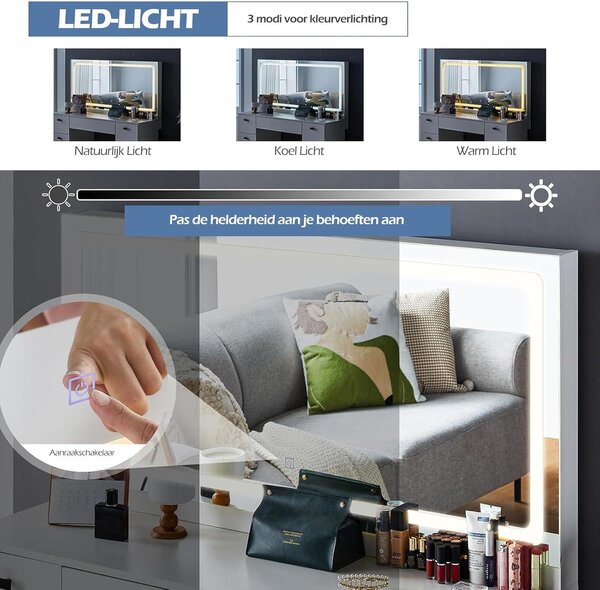 Kosmetický stolek – Toaletní stolek – Stolek na líčení – Komoda – Stolek s osvětlením – S 12 LED světly