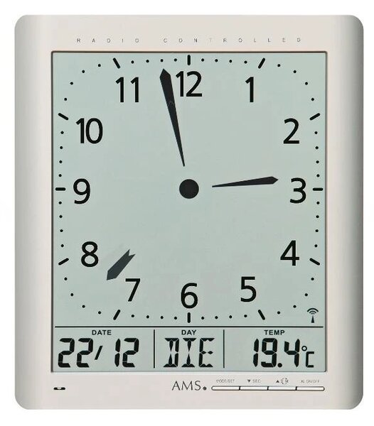 Digitální nástěnné i stolní hodiny 5898 AMS řízené rádiovým signálem 24cm