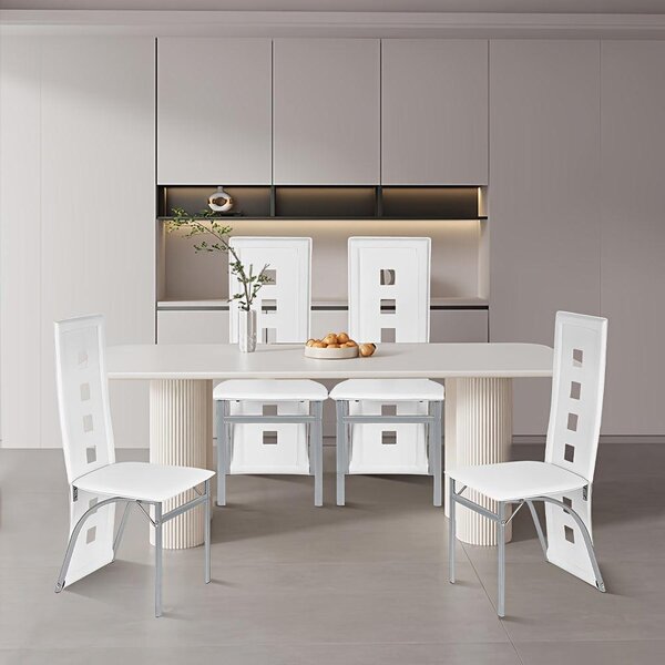 Sada čtyř jídelních židlí – bílá umělá kůže – chromované nohy – moderní design