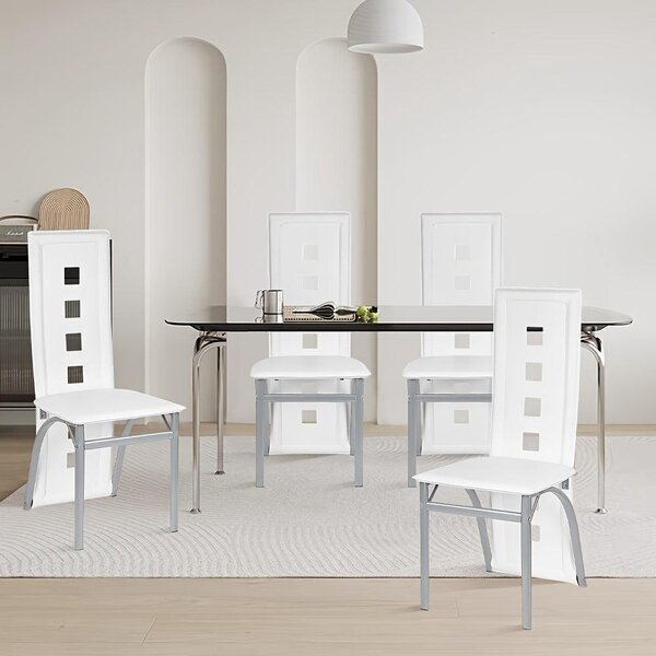 Sada čtyř jídelních židlí – bílá umělá kůže – chromované nohy – moderní design