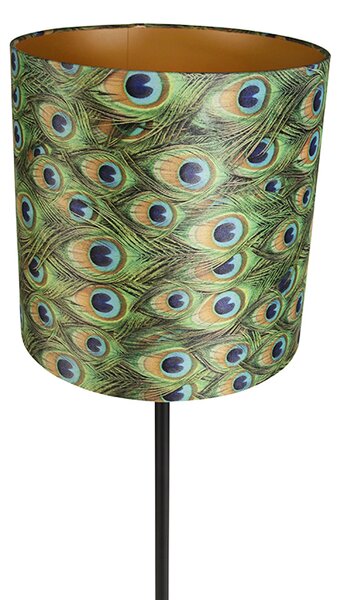 Stojací lampa černá s sametovým stínítkem s motivem páva zlatá 40 cm - Simplo