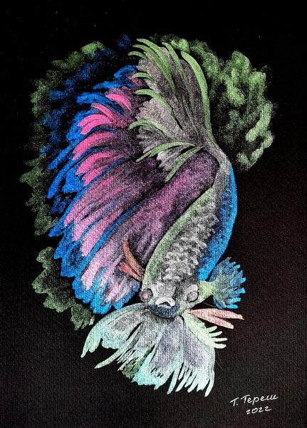 Ručně malovaný obraz od Tetiana Tereš - "Duhová ryba", rozměr: 21 x 30 cm