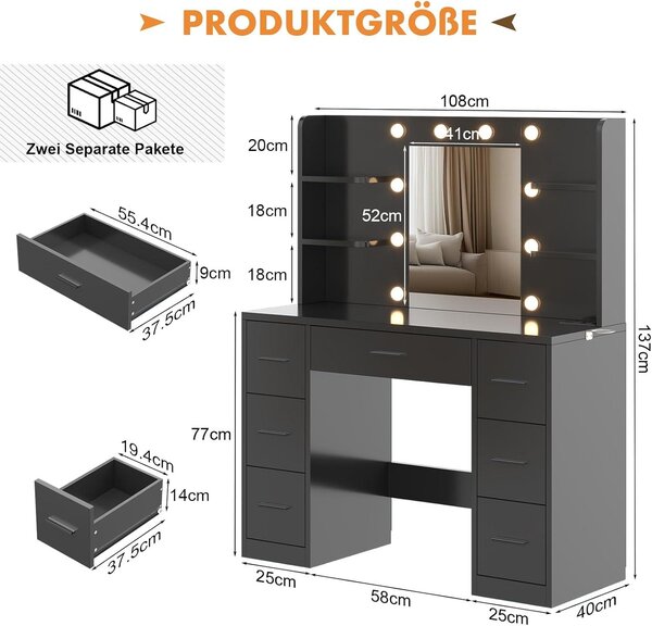 Kosmetický stolek - Toaletní stolek - Černá barva - Nastavitelné LED osvětlení