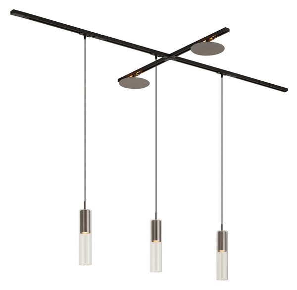 Moderní kolejnicový systém černý se 3 závěsnými svítidly a 2 stropními svítidly v barvě gunmetal 1-fázový - Iconic Lloyd Pulley