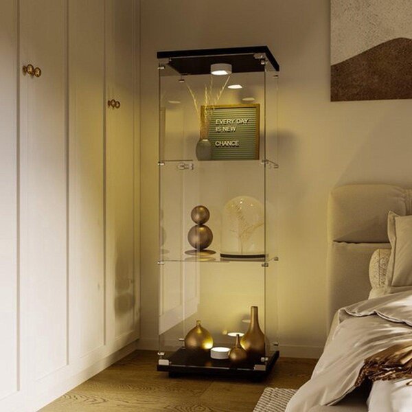 Skleněná vitrína - Černá - S LED osvětlením - 42x36x125 cm - Moderní design - Vhodná do obývacího pokoje i kanceláře
