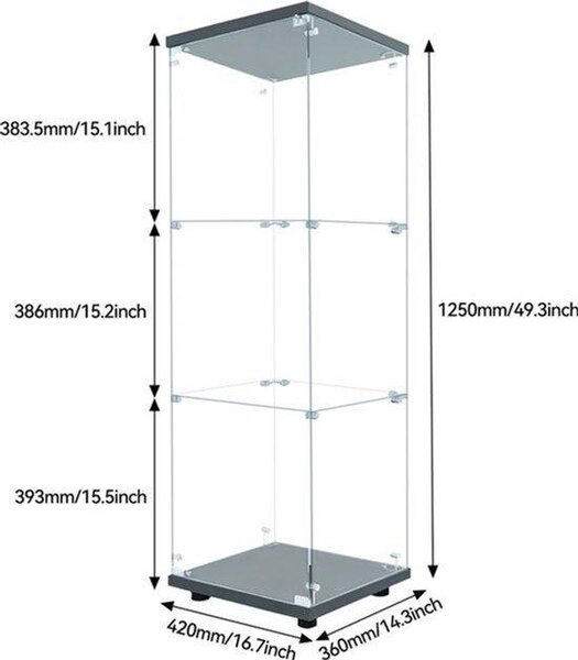 Skleněná vitrína - Černá - S LED osvětlením - 42x36x125 cm - Moderní design - Vhodná do obývacího pokoje i kanceláře