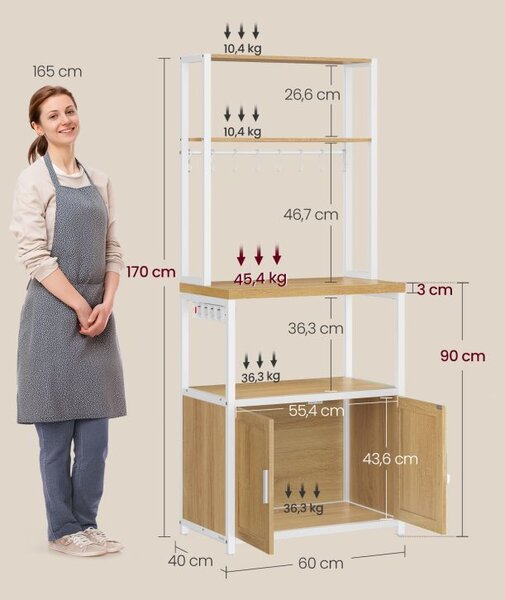 Kuchyňský regál s policemi a skříňkou, 60×170×40 cm, bílý