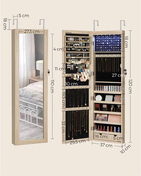 Závěsná šperkovnice s LED osvětlením a zrcadlem 37×120×10 cm