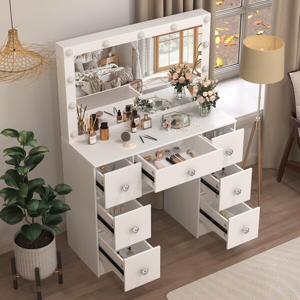 Moderní toaletní stolek s LED zrcadlem – bílý – 100x40x140 cm – vyrobený z MDF a skla – 7 zásuvek