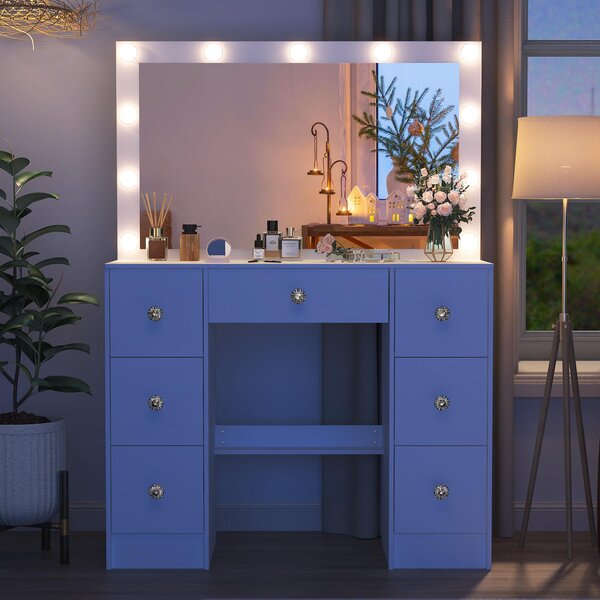 Moderní toaletní stolek s LED zrcadlem – bílý – 100x40x140 cm – vyrobený z MDF a skla – 7 zásuvek