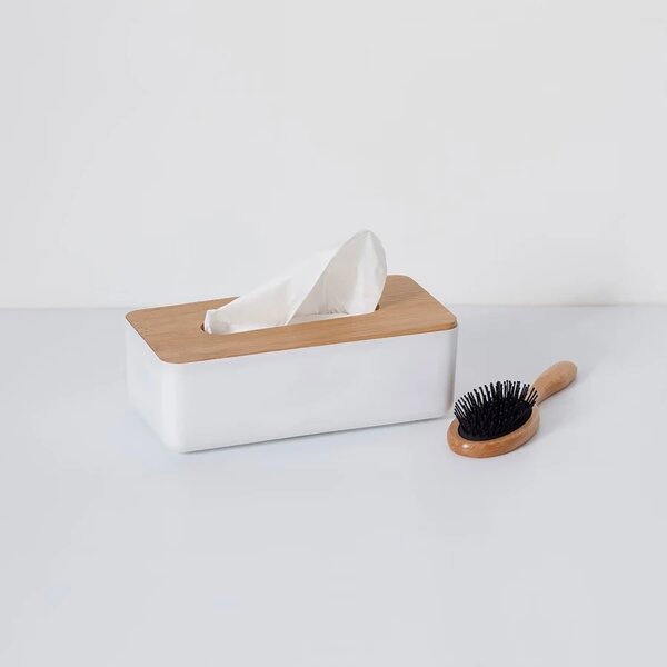 Box na kapesníky Natureo White, 26x9x13 cm, bílá/s dřevěnými prvky