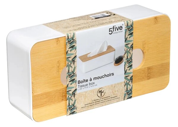 Box na kapesníky Natureo White, 26x9x13 cm, bílá/s dřevěnými prvky