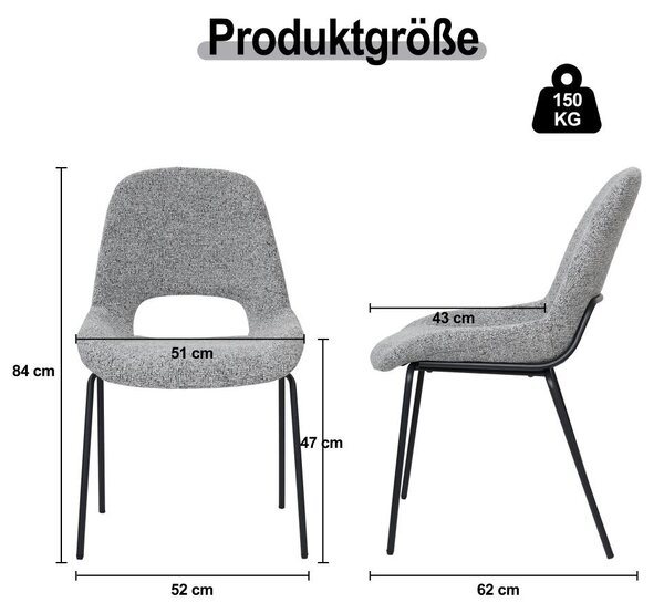 Sada jídelních židlí v světlé šedé barvě s propracovaným designem opěradla a robustní kovovou konstrukcí