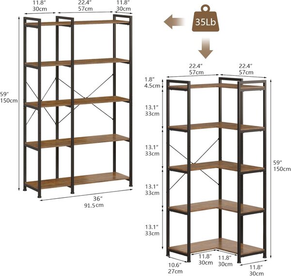 Pětivrstvá rohová police – regál – knihovna – úložná police – vitrína – nastavitelný design