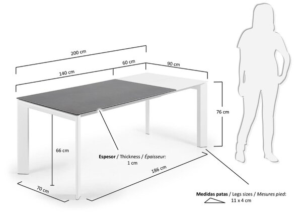 Kave Home Antracitově šedý keramický rozkládací jídelní stůl Axis 140/200 x 90 cm, bílá podnož